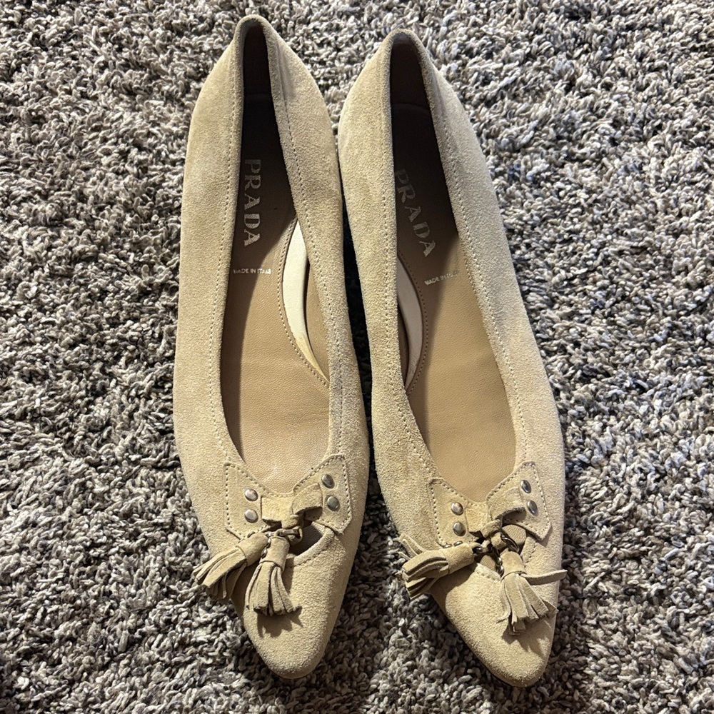 Prada suede pointed-toe ballet flats with tassel accents